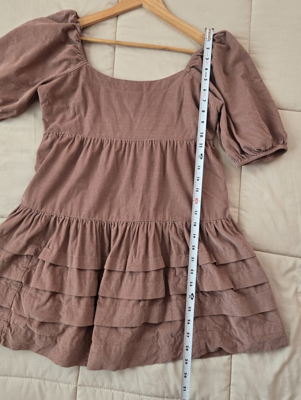 American Eagle Outfitters Dusty Rose Corduroy Puff-Sleeve Dress With Ruffles, M - Picture 7 of 7